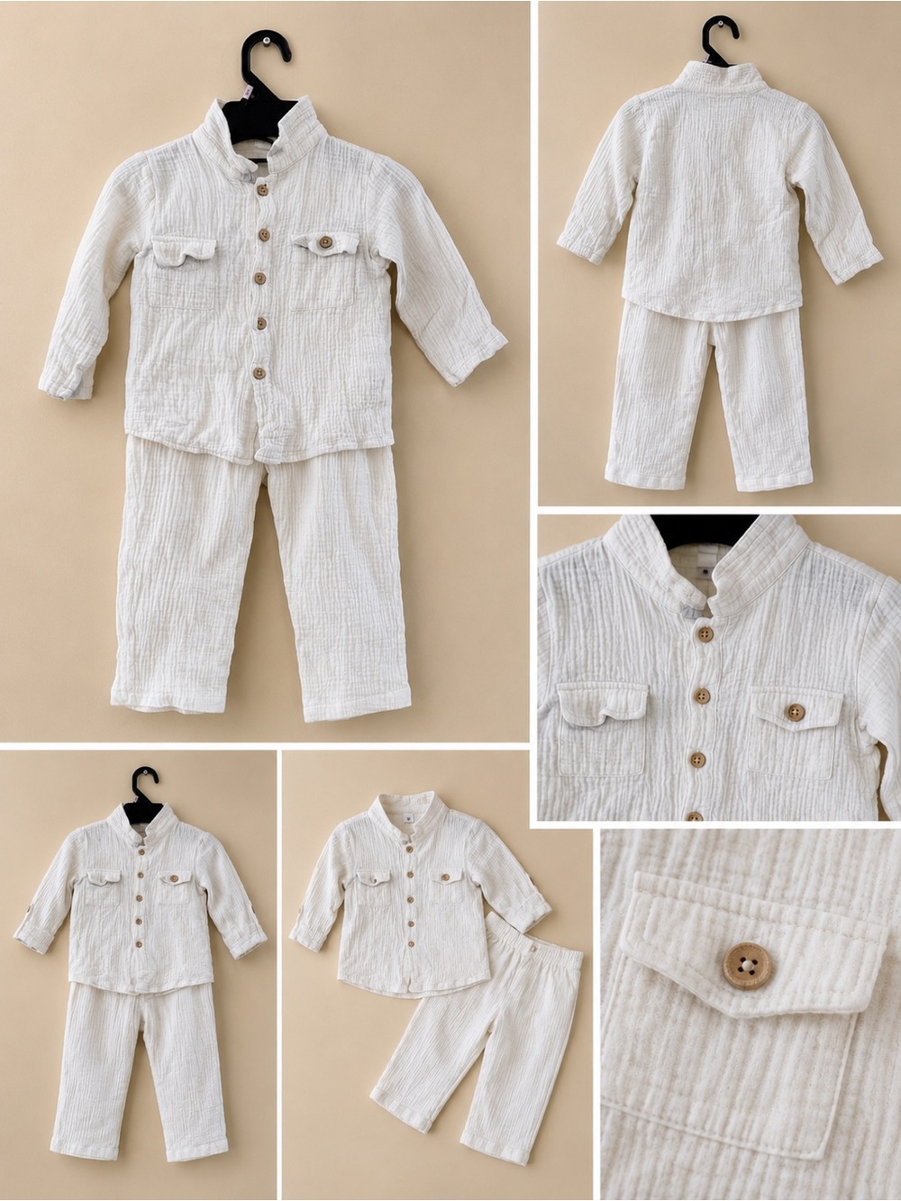 Cream Textured Two-Piece Shirt & Pant Set